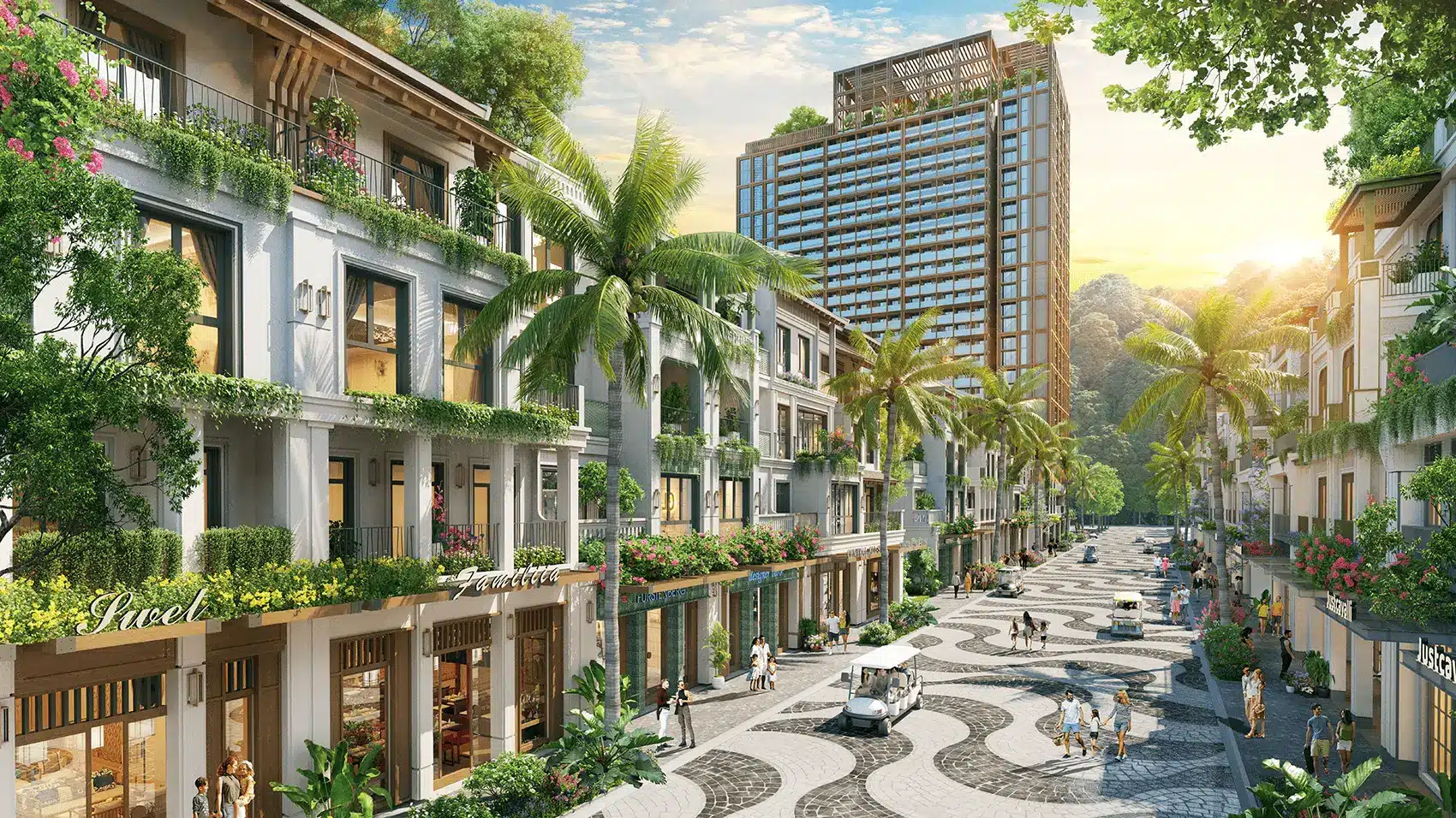 Phố thương mại tại Xanh Island Cát Bà với kiến trúc độc đáo và không gian xanh mát.