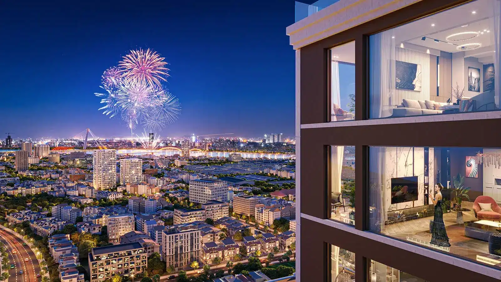 Tận hưởng cảnh quan pháo hoa và thành phố từ ban công Sun Costa Residences Đà Nẵng.
