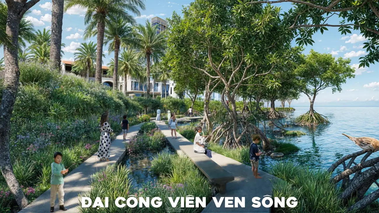 Đại công viên ven sông tại Charmora City, không gian xanh lý tưởng cho cuộc sống đẳng cấp.